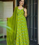 Parrot green color beautiful printed partywear gown for trendy girls