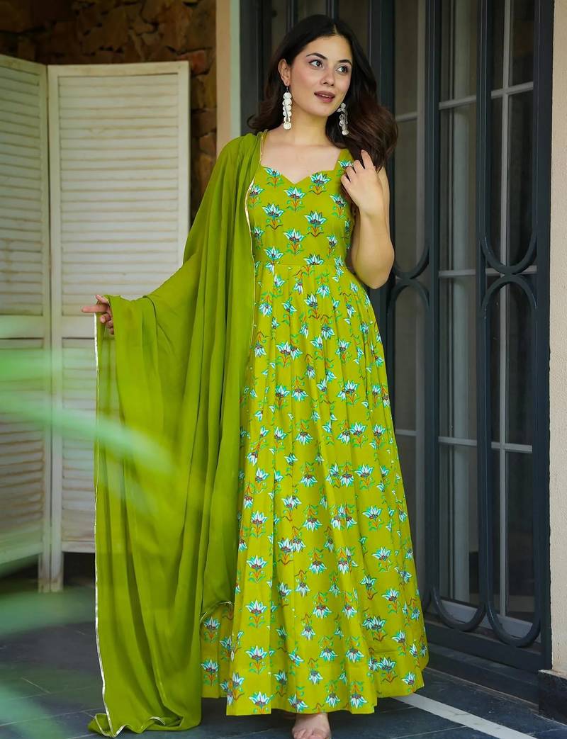 Parrot green color beautiful printed partywear gown for trendy girls