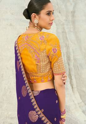dark violet organza viscose satin coding border with cut-dana, moti heavy work blouse saree with blouse 3