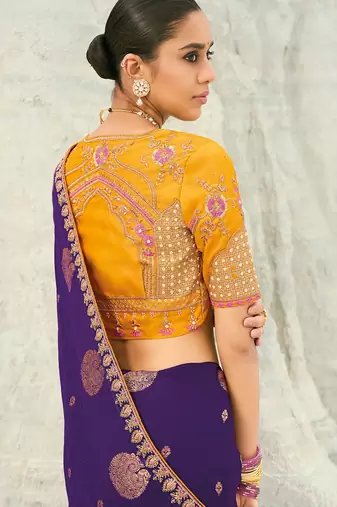 dark violet organza viscose satin coding border with cut-dana, moti heavy work blouse saree with blouse