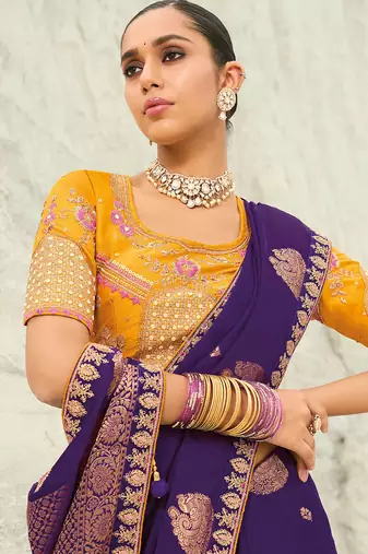 dark violet organza viscose satin coding border with cut-dana, moti heavy work blouse saree with blouse
