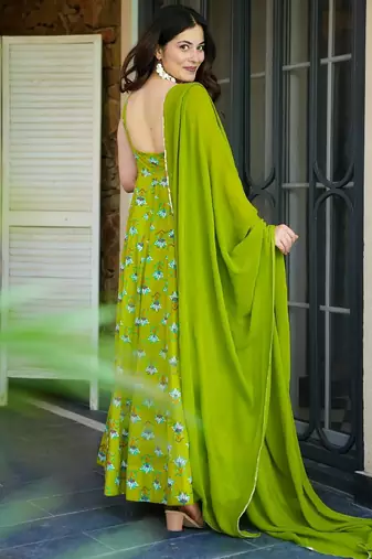 Parrot green color beautiful printed partywear gown for trendy girls