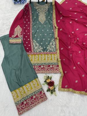 Sea green chinon suit with embroidery codding sequin  3