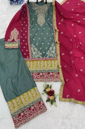 Sea green chinon suit with embroidery codding sequin 