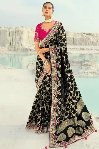 black dola viscose jari, thread, moti with cut-dana heavy work saree with blouse