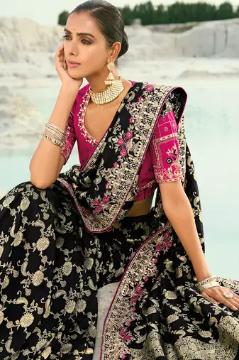 black dola viscose zari , thread, moti with cut-dana heavy work saree with blouse