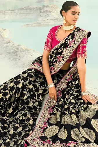 black dola viscose zari , thread, moti with cut-dana heavy work saree with blouse