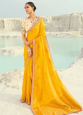 yellow organza viscose satin coding border with cut-dana, moti heavy work blouse saree with blouse 1
