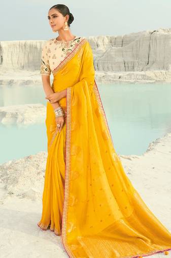 yellow organza viscose satin coding border with cut-dana, moti heavy work blouse saree with blouse