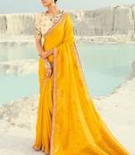 yellow organza viscose satin coding border with cut-dana, moti heavy work blouse saree with blouse