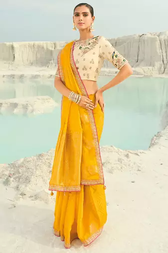 yellow organza viscose satin coding border with cut-dana, moti heavy work blouse saree with blouse