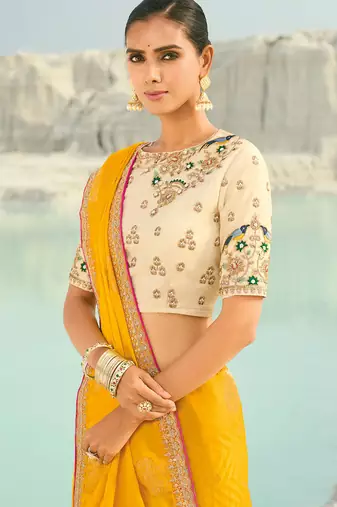 yellow organza viscose satin coding border with cut-dana, moti heavy work blouse saree with blouse