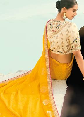 yellow organza viscose satin coding border with cut-dana, moti heavy work blouse saree with blouse 4