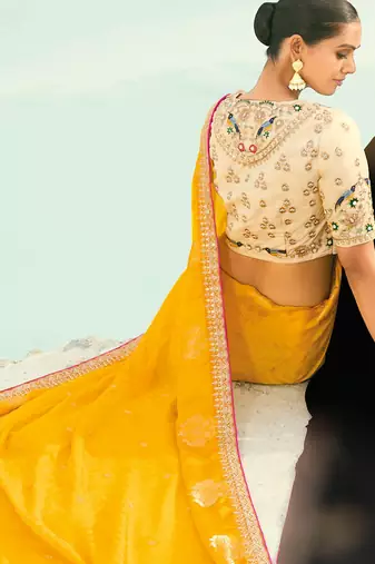 yellow organza viscose satin coding border with cut-dana, moti heavy work blouse saree with blouse