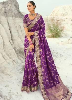 dark violet dola viscose zari , thread, moti with cut-dana heavy work saree with blouse 1