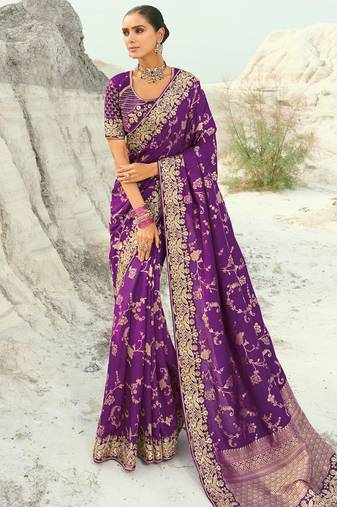 dark violet dola viscose jari, thread, moti with cut-dana heavy work saree with blouse