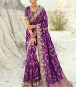 dark violet dola viscose jari, thread, moti with cut-dana heavy work saree with blouse