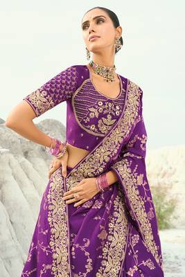 dark violet dola viscose zari , thread, moti with cut-dana heavy work saree with blouse 2