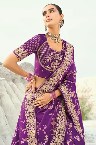 dark violet dola viscose zari , thread, moti with cut-dana heavy work saree with blouse