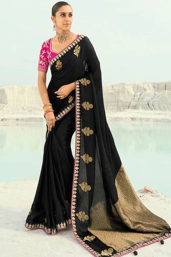 black organza viscose satin coding border with cut-dana, moti heavy work blouse saree with blouse