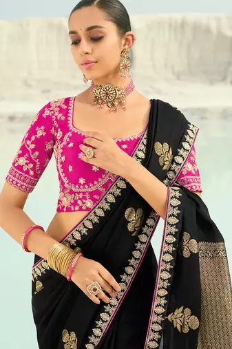 black organza viscose satin coding border with cut-dana, moti heavy work blouse saree with blouse