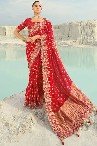 red dola viscose jari, thread, moti with cut-dana heavy work saree with blouse