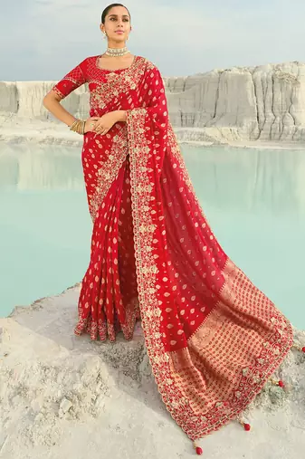 red dola viscose jari, thread, moti with cut-dana heavy work saree with blouse