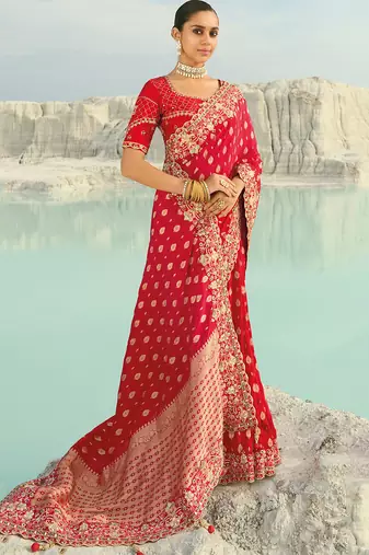 red dola viscose zari , thread, moti with cut-dana heavy work saree with blouse