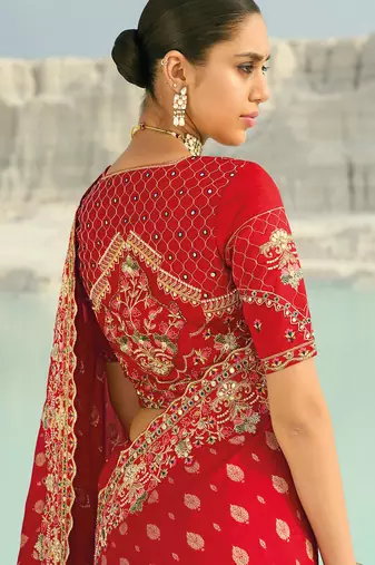 red dola viscose zari , thread, moti with cut-dana heavy work saree with blouse