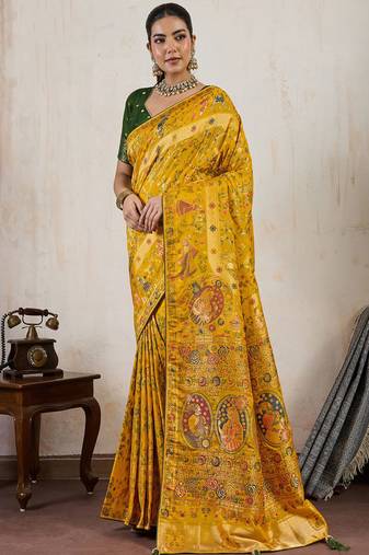 mustard makhmal soft silk blend meenakari zari shades woven saree with blouse
