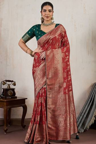 red makhmal soft silk blend meenakari zari shades woven saree with blouse