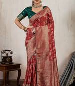 red makhmal soft silk blend meenakari zari shades woven saree with blouse