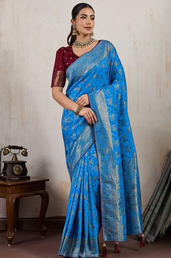 aqua blue makhmal soft silk blend meenakari zari shades woven saree with blouse