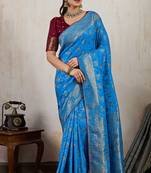 aqua blue makhmal soft silk blend meenakari zari shades woven saree with blouse