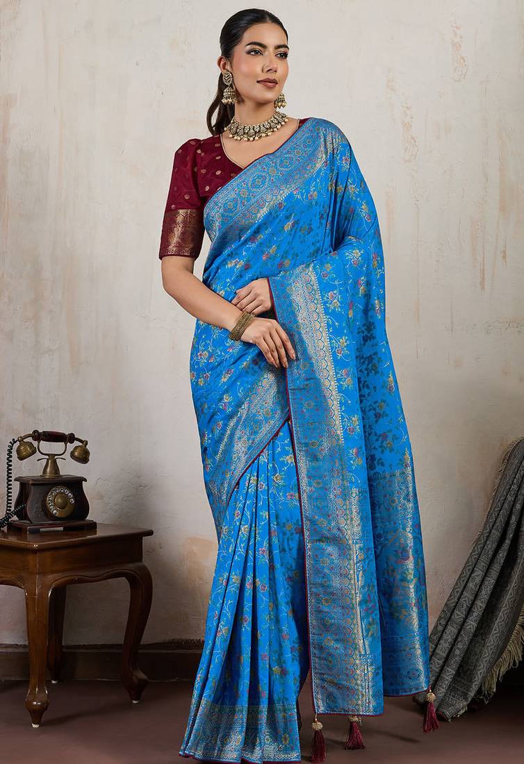aqua blue makhmal soft silk blend meenakari zari shades woven saree with blouse