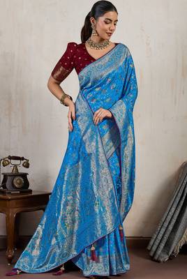 aqua blue makhmal soft silk blend blend meenakari zari shades woven saree with blouse 2