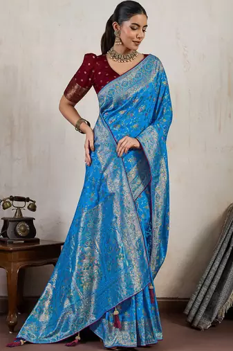 aqua blue makhmal soft silk blend blend meenakari zari shades woven saree with blouse
