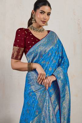 aqua blue makhmal soft silk blend blend meenakari zari shades woven saree with blouse 3