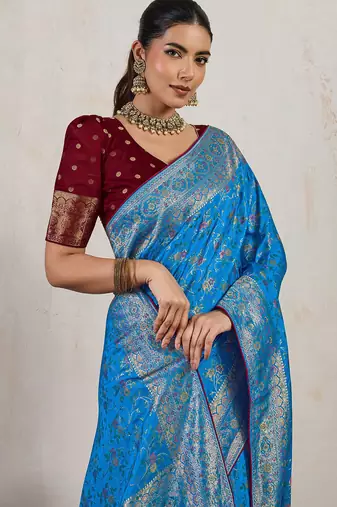 aqua blue makhmal soft silk blend blend meenakari zari shades woven saree with blouse