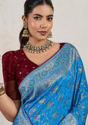 aqua blue makhmal soft silk blend blend meenakari zari shades woven saree with blouse 4