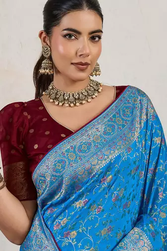 aqua blue makhmal soft silk blend blend meenakari zari shades woven saree with blouse
