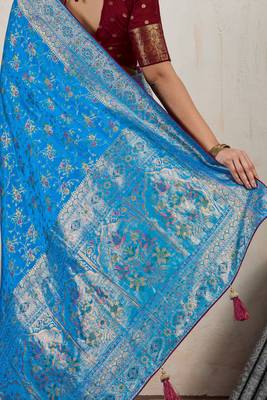 aqua blue makhmal soft silk blend blend meenakari zari shades woven saree with blouse 5