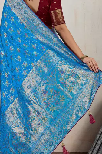 aqua blue makhmal soft silk blend blend meenakari zari shades woven saree with blouse