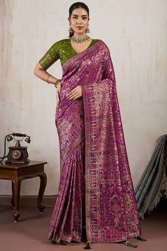 wine makhmal soft silk blend meenakari zari shades woven saree with blouse