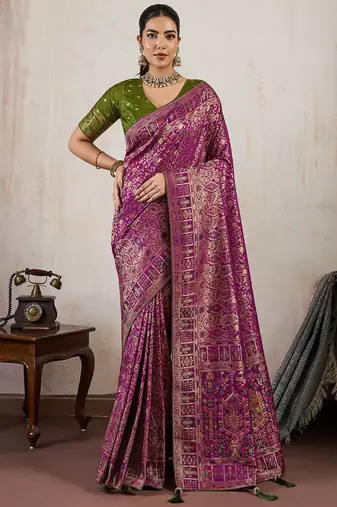 wine makhmal soft silk blend meenakari zari shades woven saree with blouse
