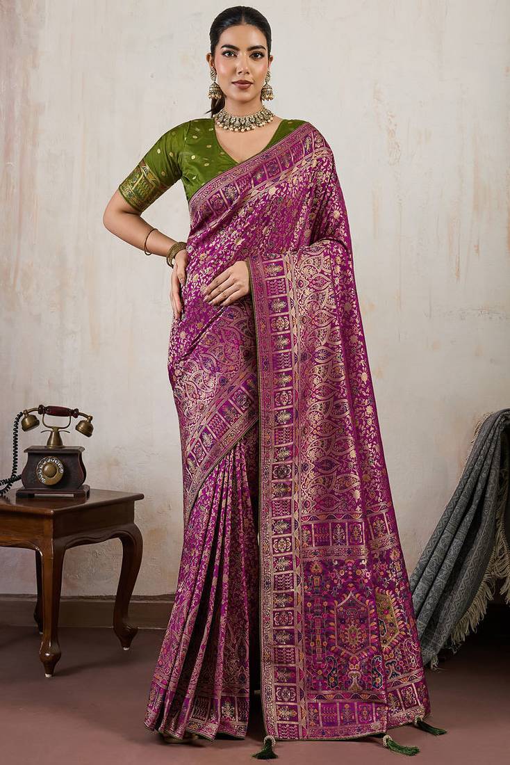 wine makhmal soft silk blend meenakari zari shades woven saree with blouse