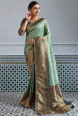 pista green kanjivaram mul silk blend blend zari meenakari woven saree with blouse 1