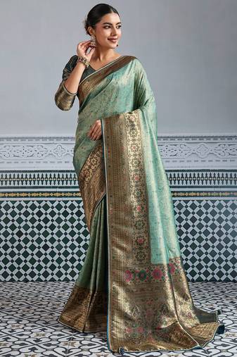 pista green kanjivaram mul silk blend zari meenakari woven saree with blouse