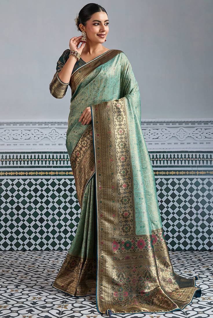 pista green kanjivaram mul silk blend zari meenakari woven saree with blouse