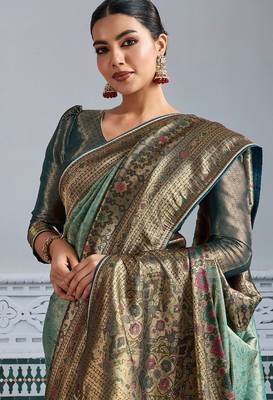 pista green kanjivaram mul silk blend blend zari meenakari woven saree with blouse 2